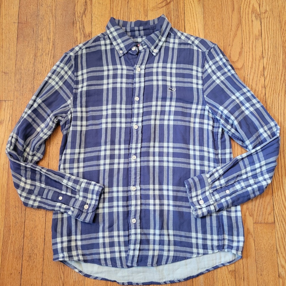 Vineyard Vines M Button Down Blue White Plaid Classic Fit Whale Shirt Flannel